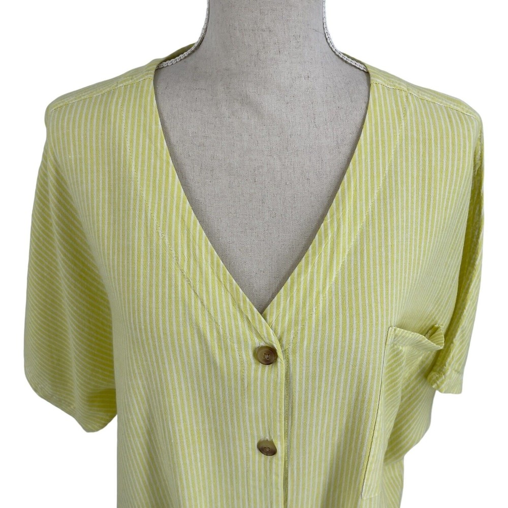 Time Tru Womens Button Front Tie Shirt Relaxed Yellow Stripe Short Sleeve 2XL 20 - Picture 3 of 13